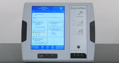 ev3 White ExpressVote voting machine sits on table with white and blue display screen showing voter's selections